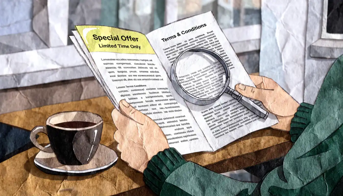 Hands reading dense terms on a promotional leaflet with a magnifying glass