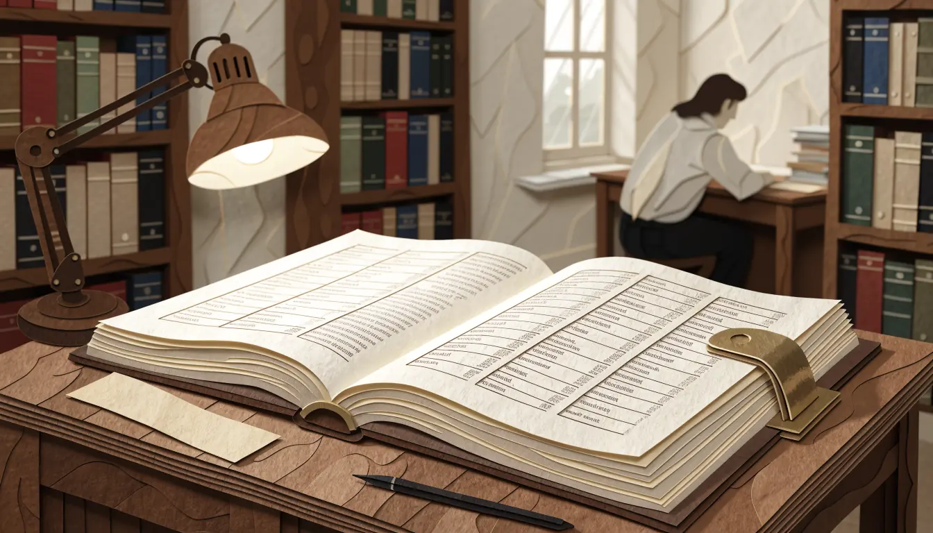 Open bound public register book on a library desk with a brass page holder